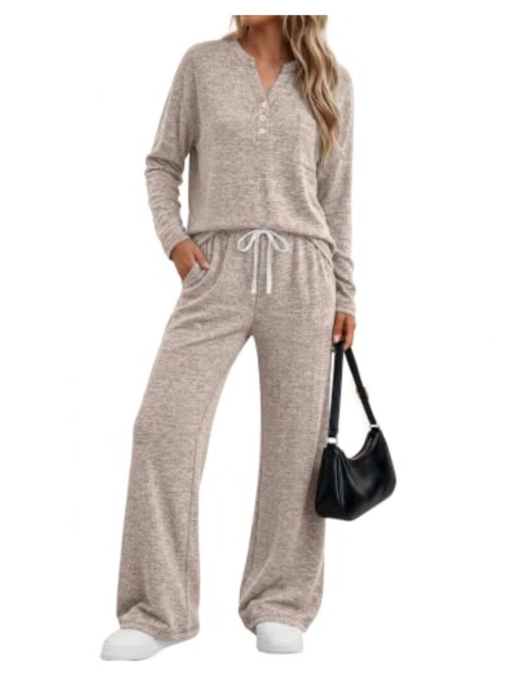 Womens 2 Piece Lounge Set Henley Top Pants Travel Sweatsuit